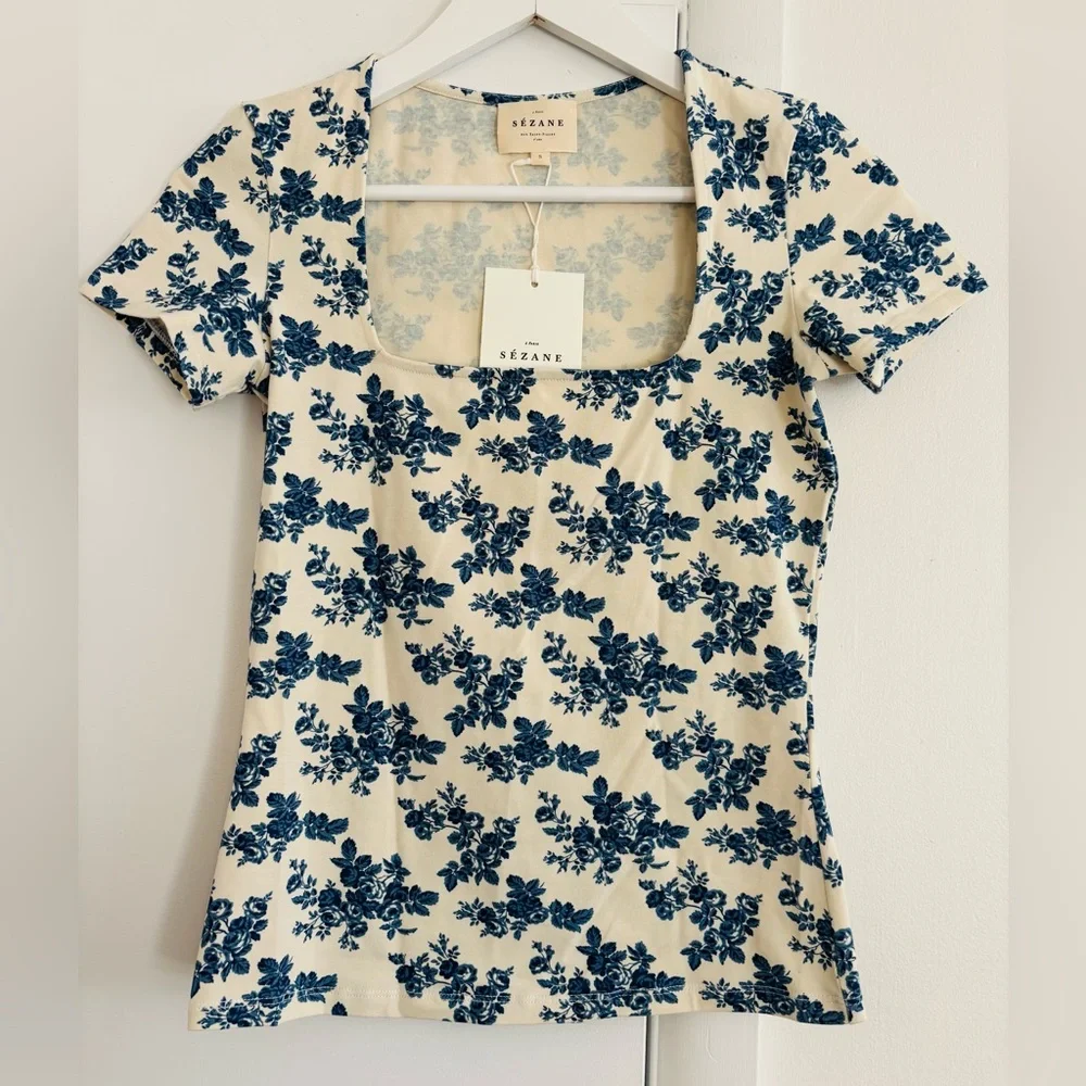 Sézane Amara T-Shirt Fiori Blue Print Size Small - Picture 4 of 6